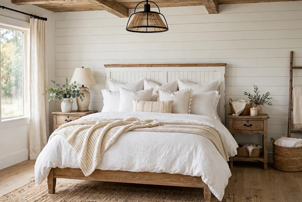 Farmhouse style white bedding in a rustic bedroom