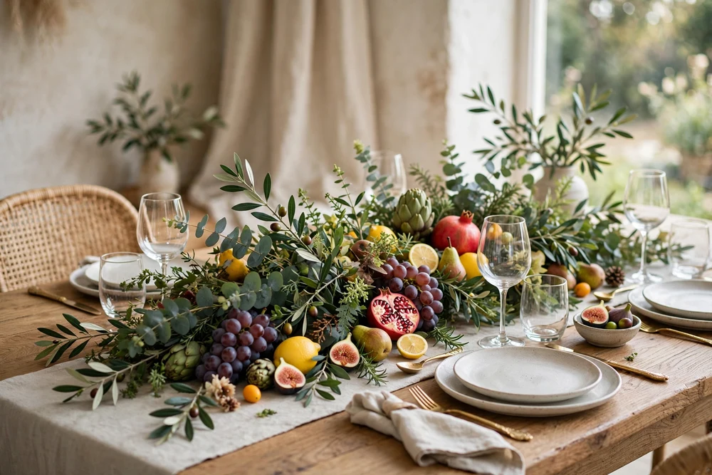 Organic greenery and fresh fruit centerpiece on a dining table