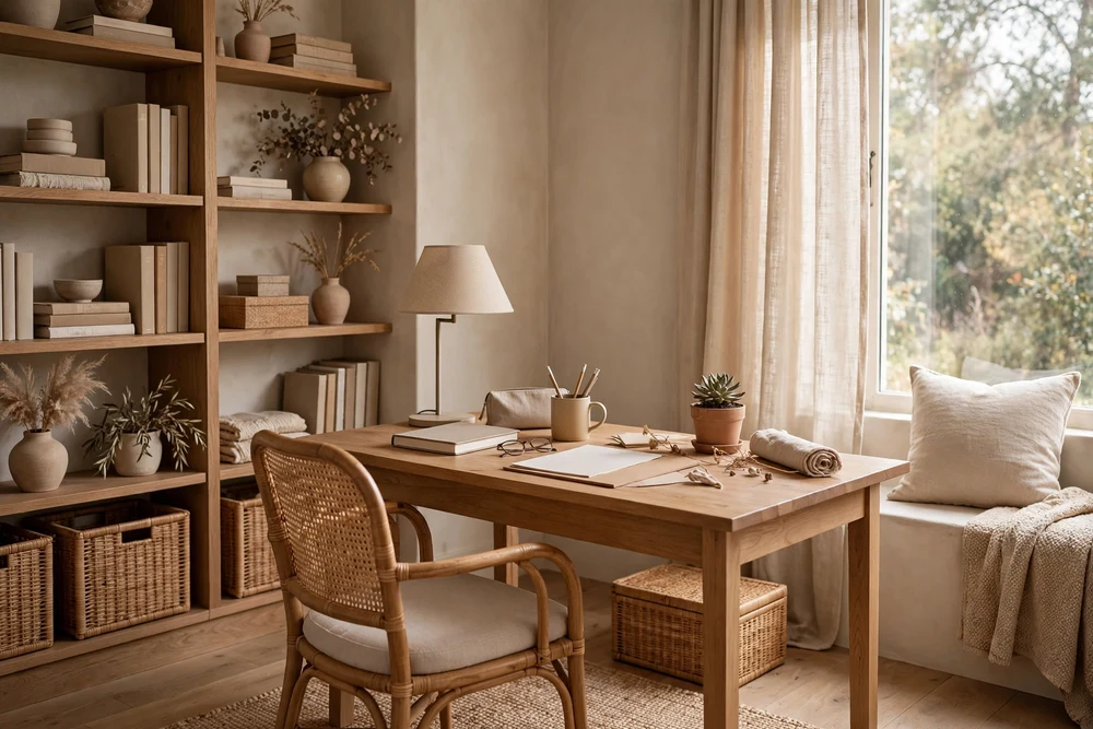 A study room decorated in a warm neutral palette of beige, cream and soft browns