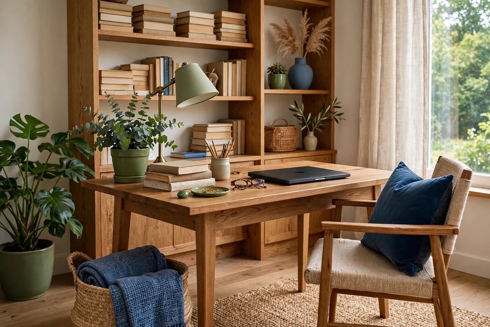 A study room with blue and green accent pieces adding calm color to the workspace