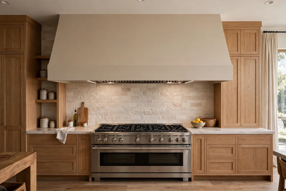 Extra wide kitchen range hood covering a large professional range