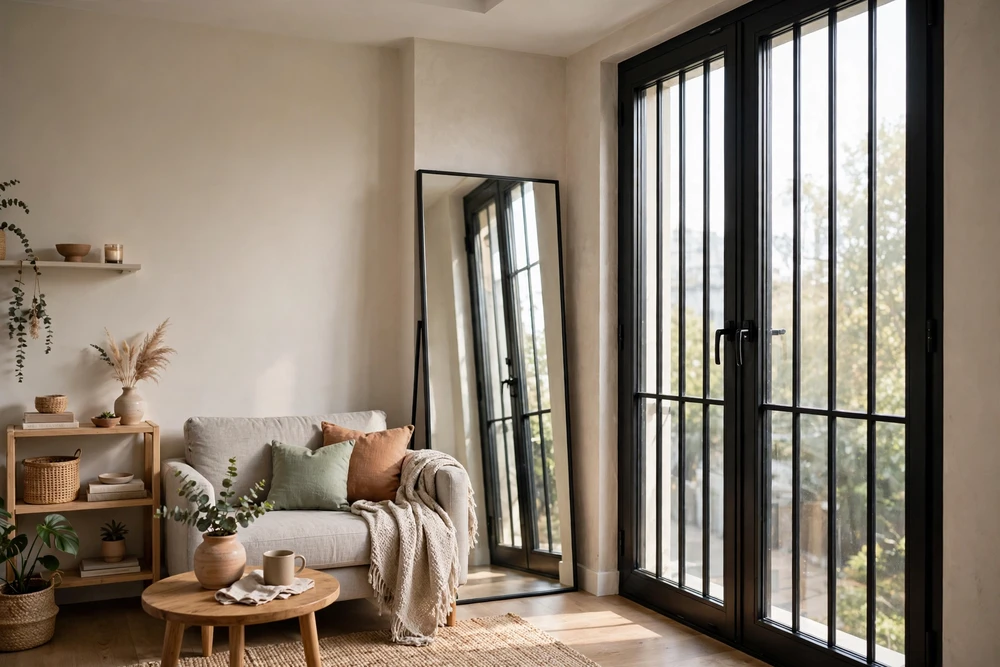 Studio apartment decor with a mirror placed near windows to bounce natural light