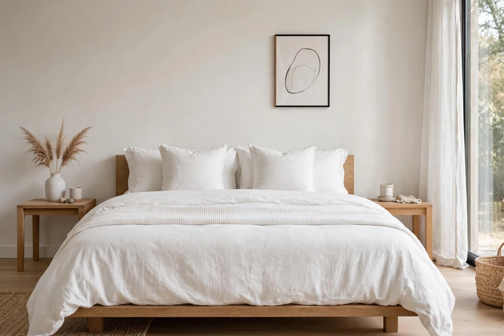 Modern minimalist white bedding in a clean bedroom