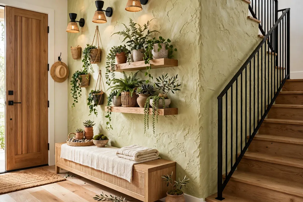 Plant display creating a tactile entry with greenery staircase wall decor