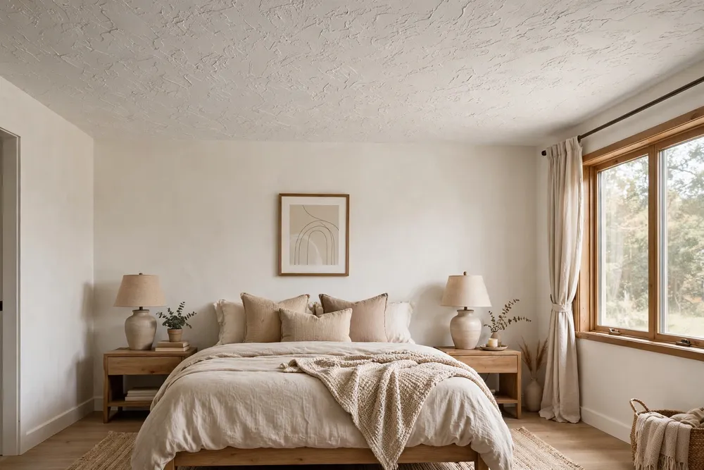 Primary bedroom featuring a decorative textured ceiling