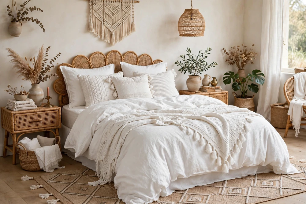 Bohemian white bedding arrangement with layered textiles