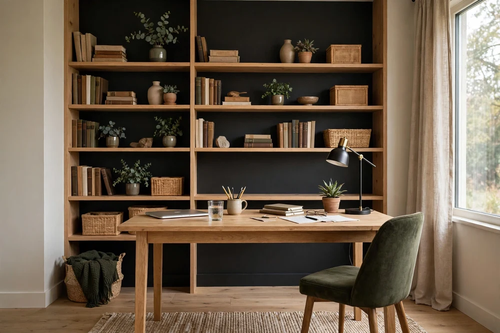 A study room with a dark accent wall behind the shelving for a bold stylish look