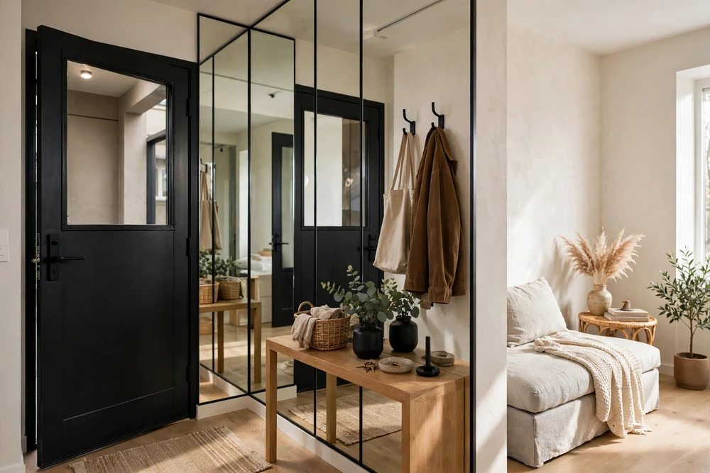 Studio apartment decor with a full-height mirror at the entry to open up the space
