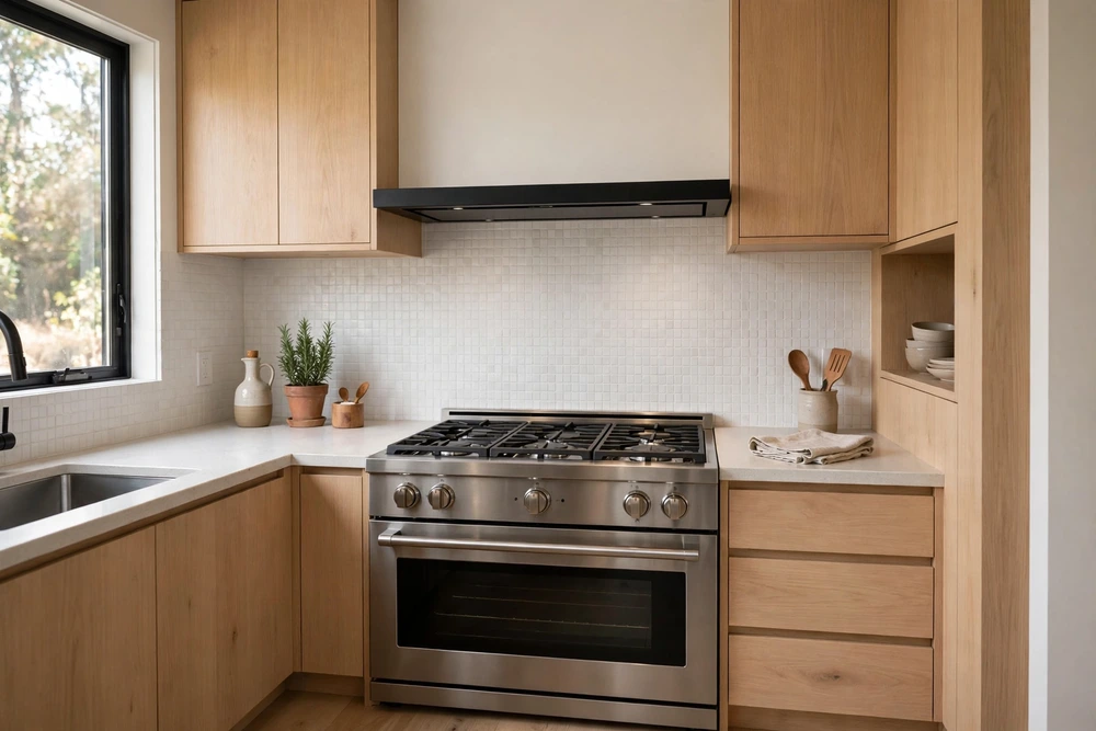 Low profile custom kitchen range hood over a compact range
