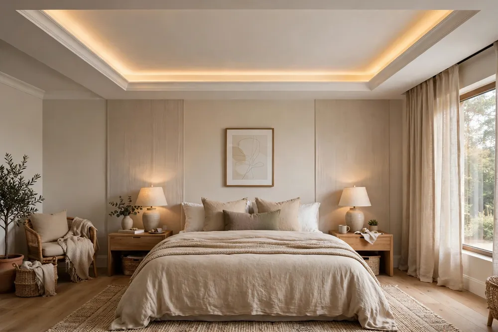 Primary bedroom with a tray ceiling and hidden indirect lighting