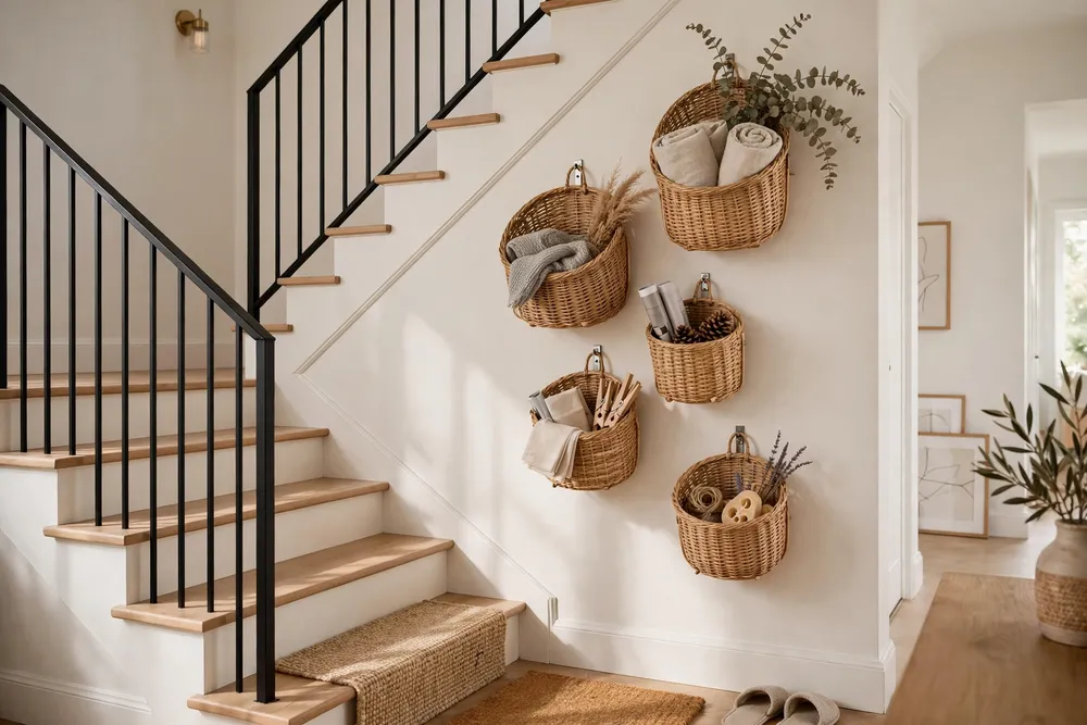 Wall mounted baskets serving as functional staircase wall decor