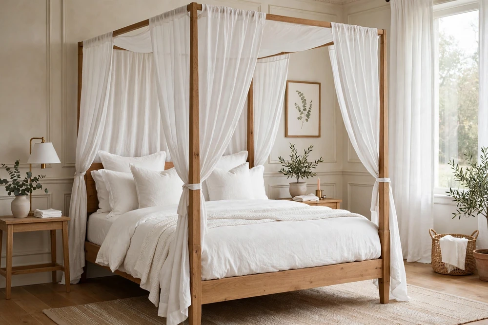 White bedding on a canopy four poster bed