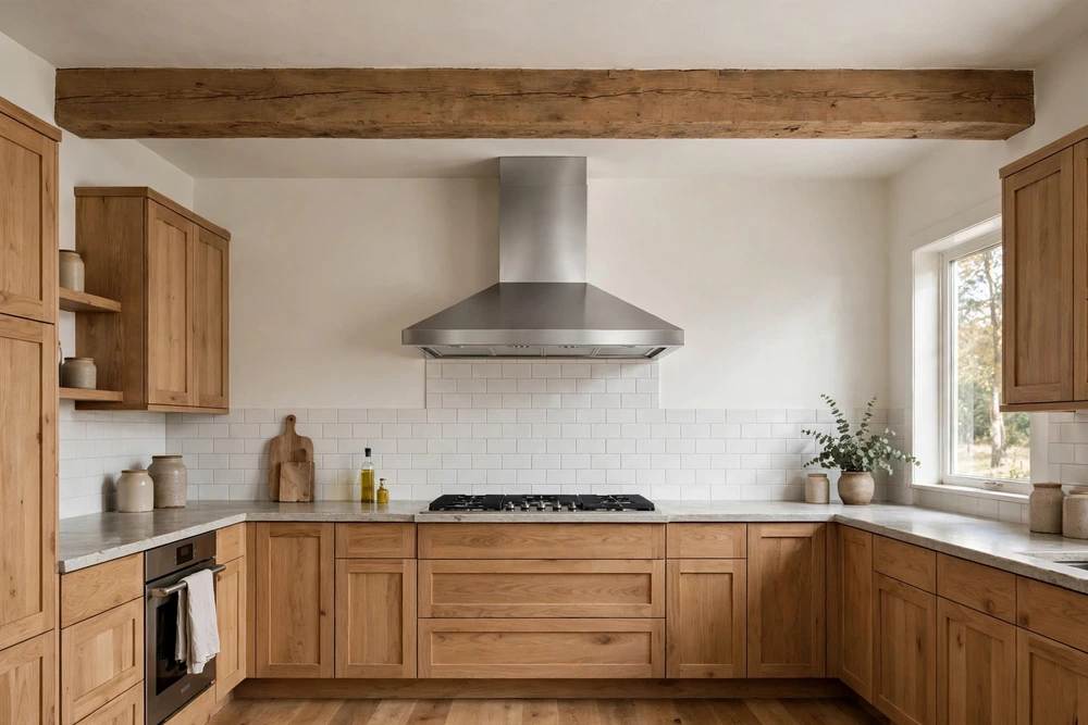 Kitchen range hood centered beneath an exposed ceiling beam