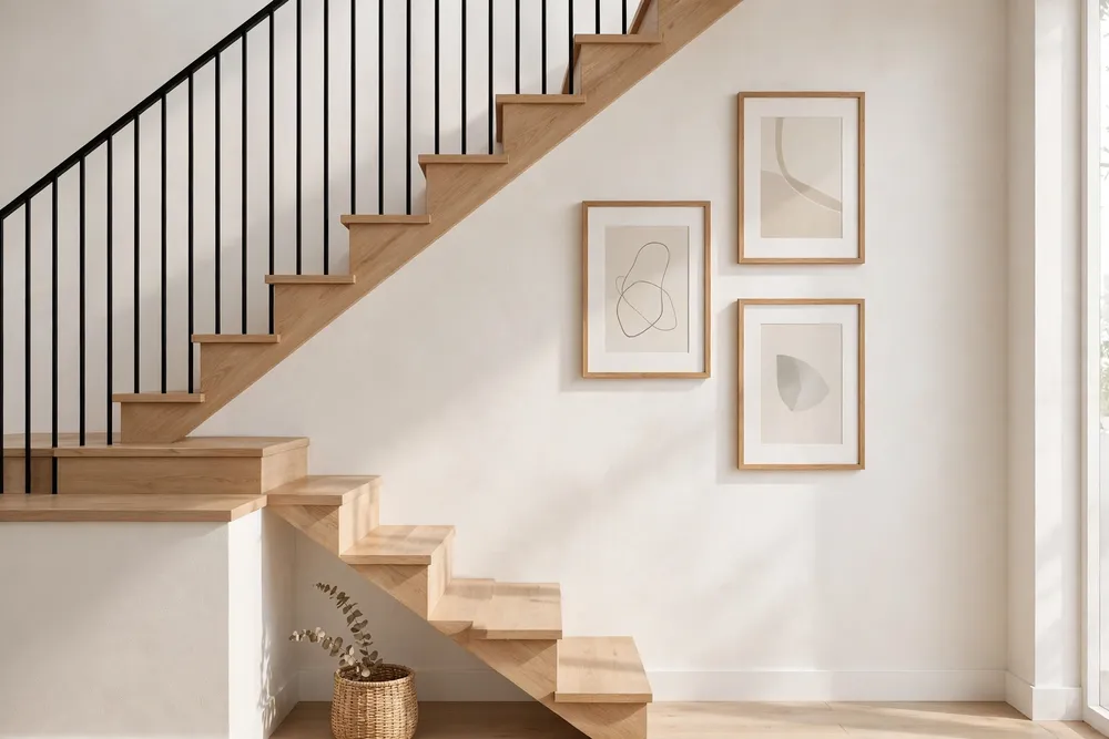 Minimalist art arrangement on a calm staircase wall decor wall
