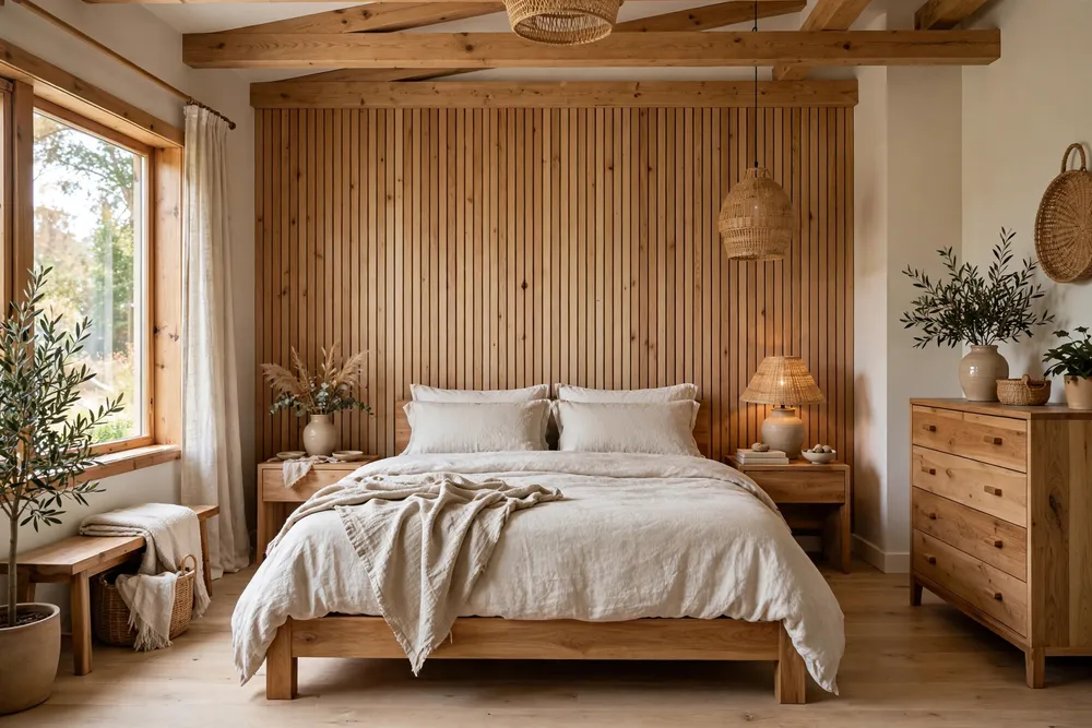 Primary bedroom warmed up with natural wood accents