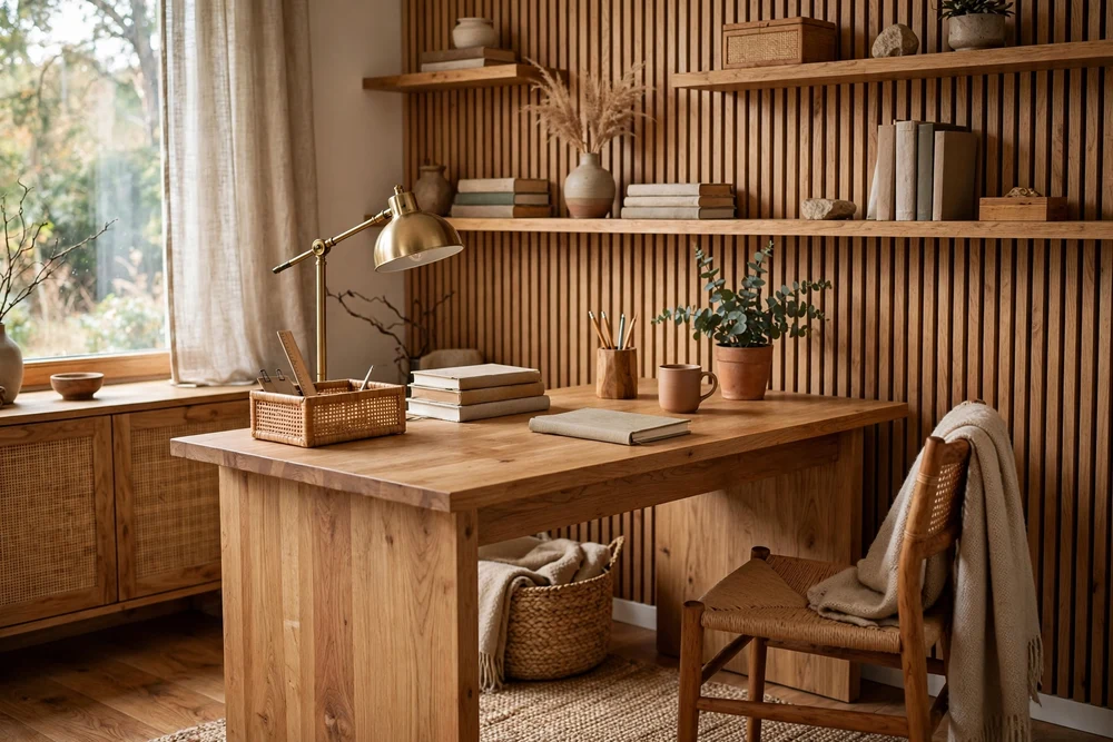 A study room with natural wood desk and shelves bringing warmth to the space