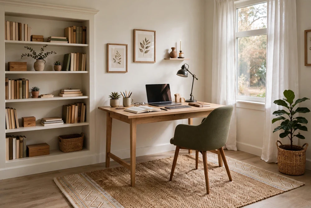A study room with a soft area rug under the desk adding comfort and color
