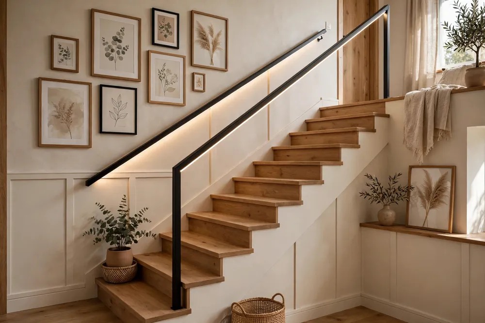 Integrated handrail lighting enhancing modern staircase wall decor