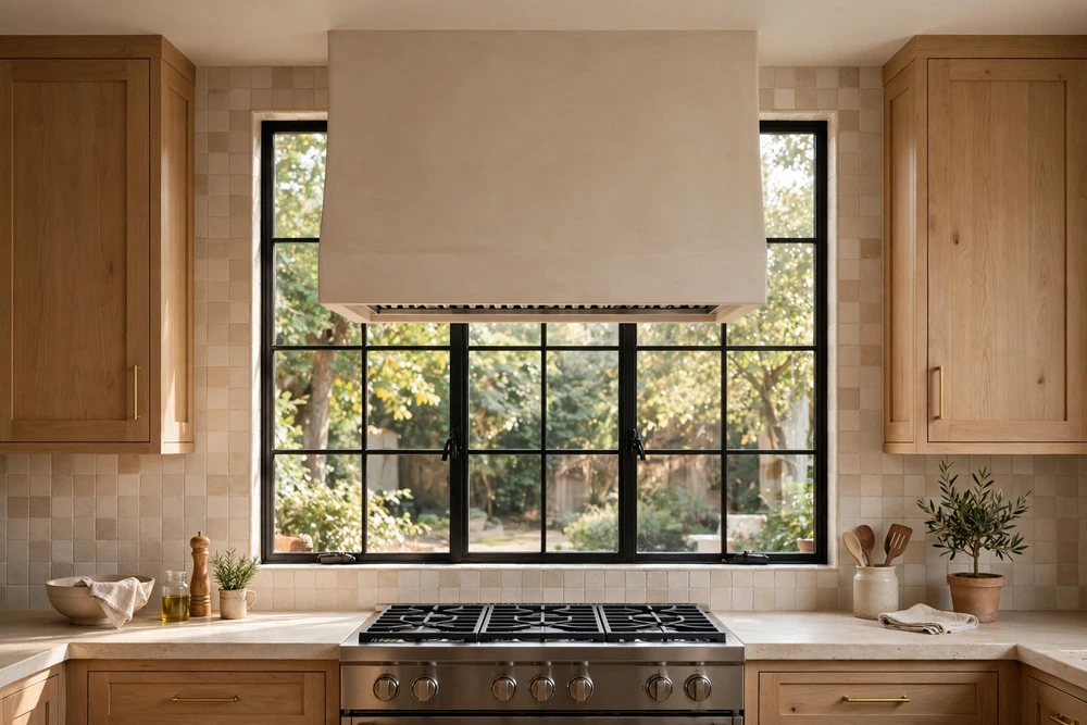 Kitchen range hood aligned with a window above the cooktop