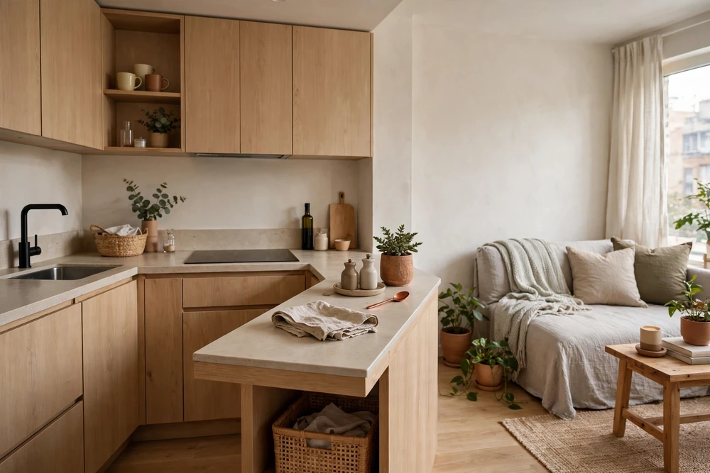 Studio apartment decor featuring a narrow island adding counter space to a small kitchen