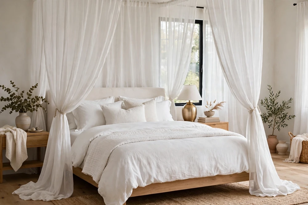 White bedding with sheer curtains around the bed