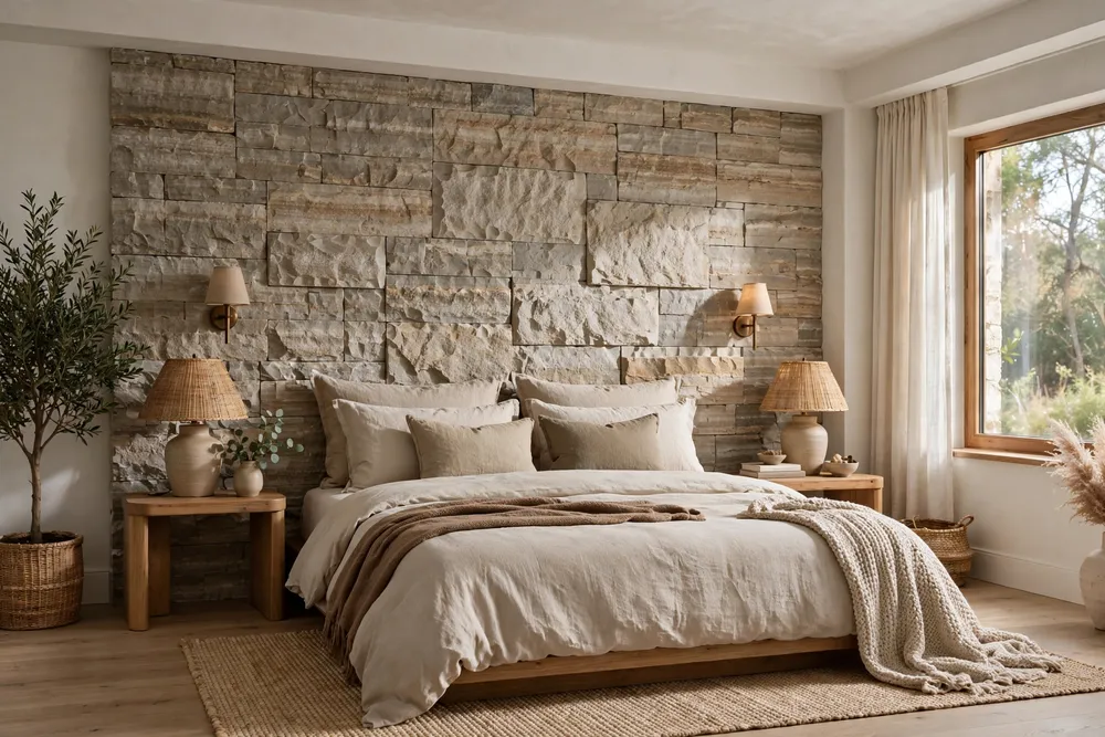 Primary bedroom styled with natural stone accents
