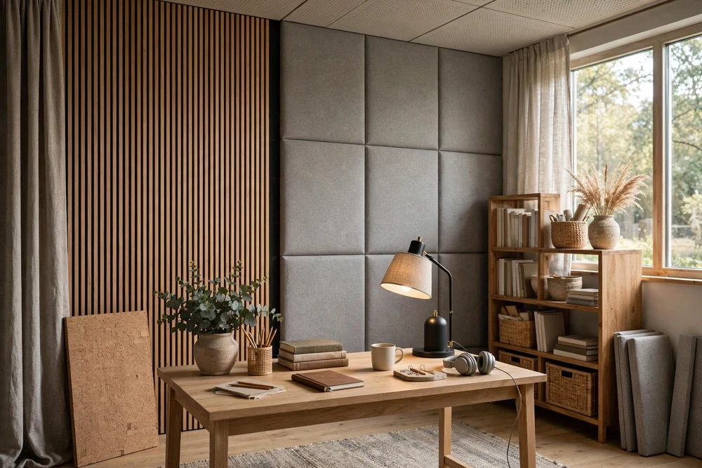 A study room with acoustic wall panels that absorb sound for quieter studying