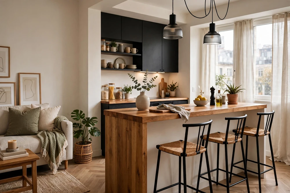 Studio apartment decor with a bar-height counter for casual dining and extra seating