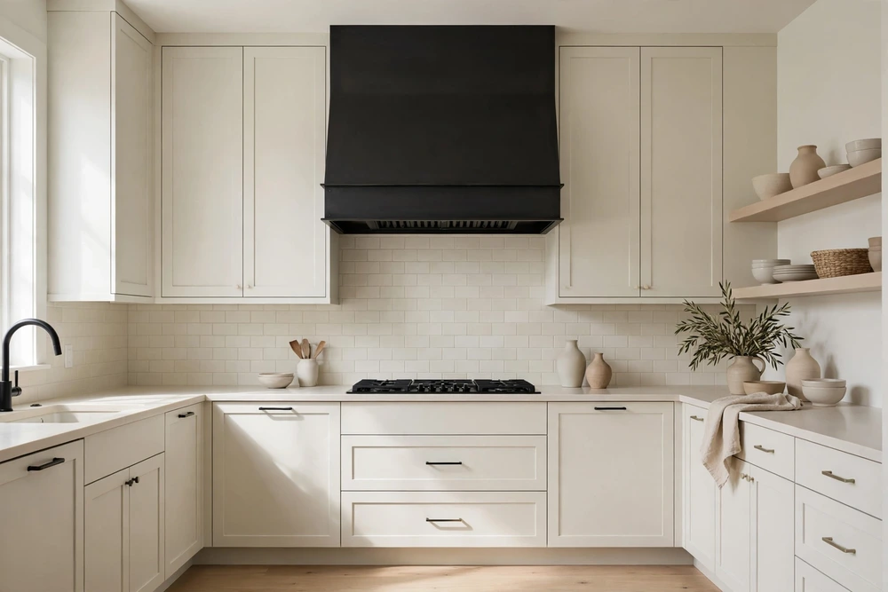 Dark kitchen range hood as a bold anchor in a pale kitchen