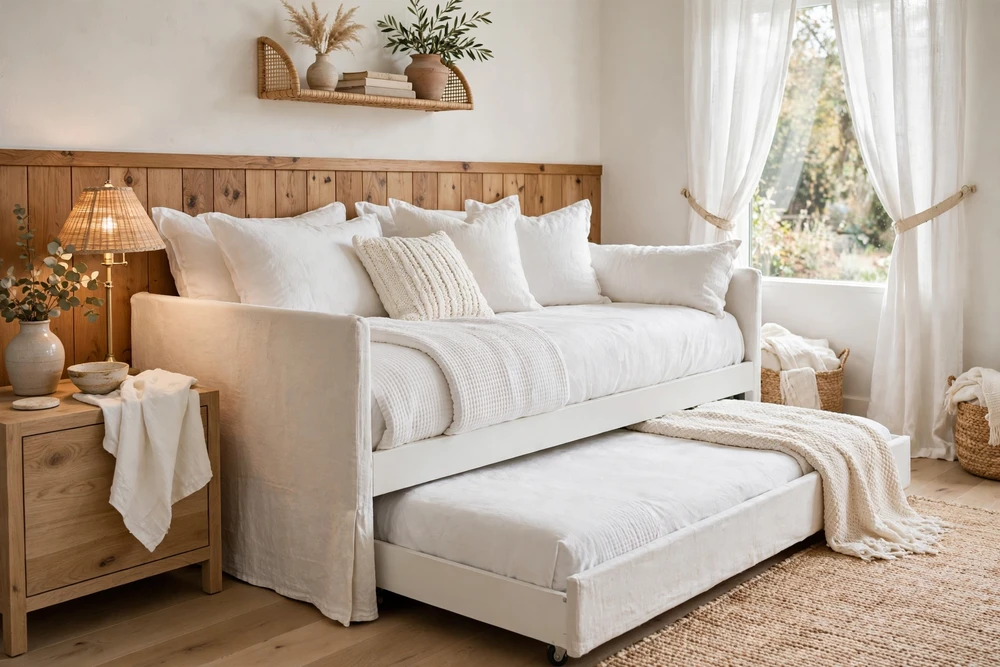 White bedding styled on a daybed with trundle