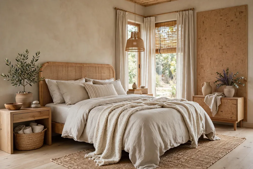 Healthy primary bedroom built with low-emission natural materials