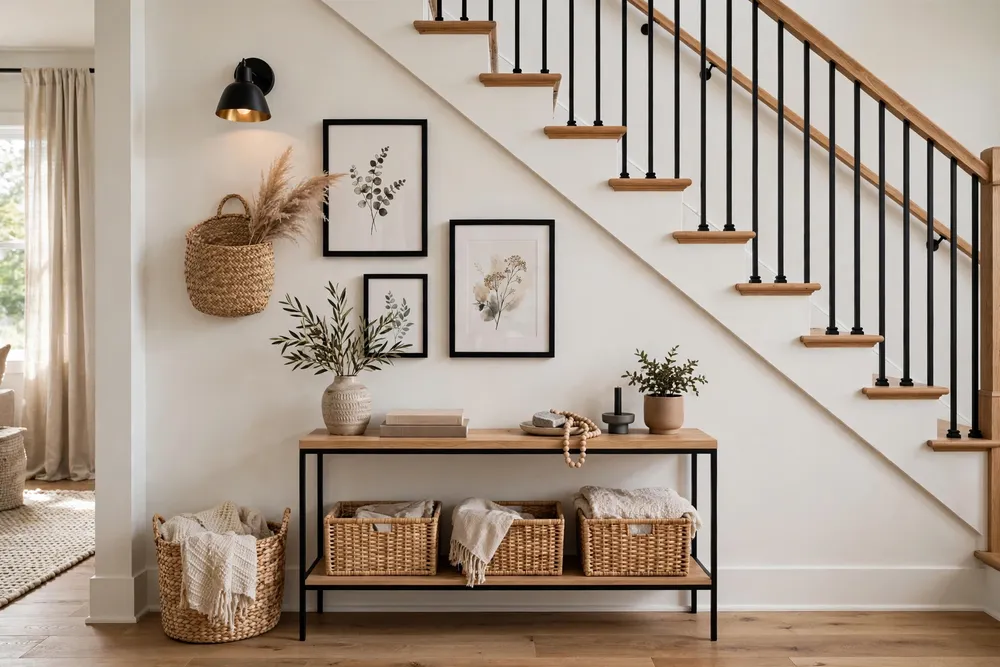 Slim console table adding function to a staircase wall decor entryway