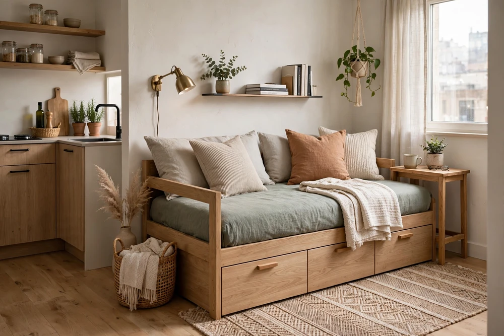 Studio apartment decor with a daybed that works as a sofa by day and bed by night