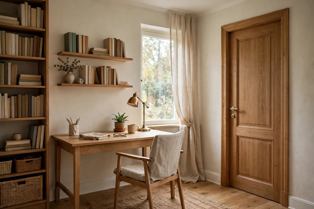 A quiet private study room with a closed door for distraction-free studying