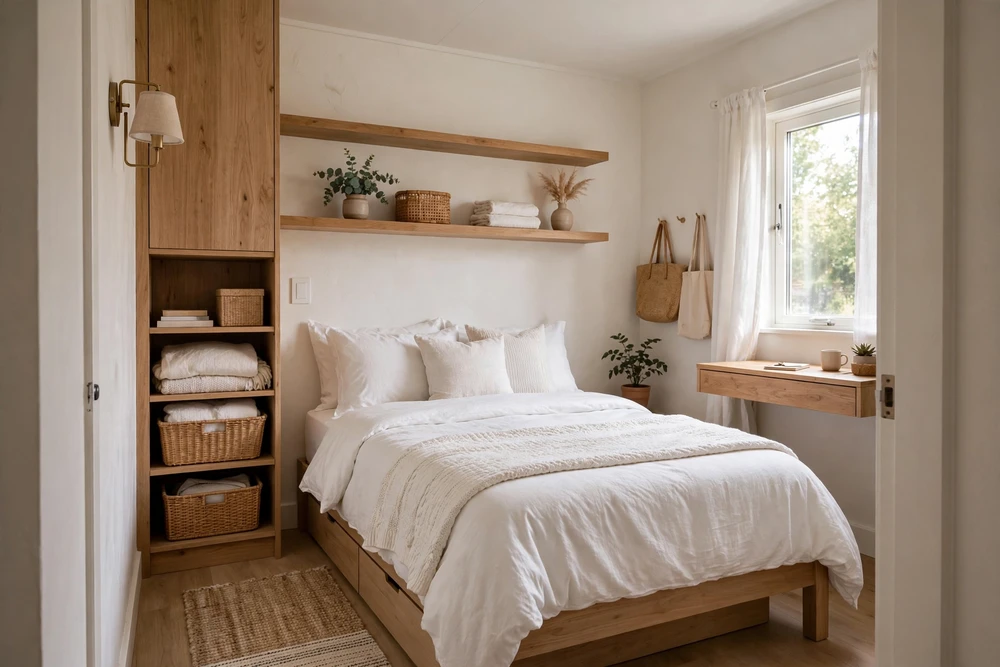 White bedding styled to optimize a small bedroom