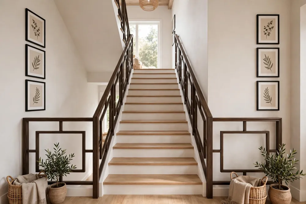 Symmetrical art framing the handrail for balanced staircase wall decor