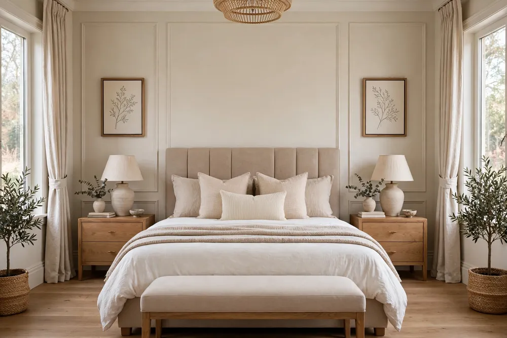 Primary bedroom with a balanced symmetrical layout