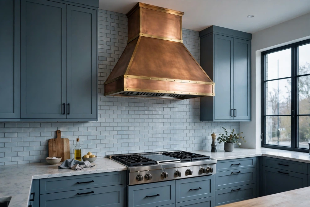 Warm toned kitchen range hood as a focal point in a cool toned kitchen