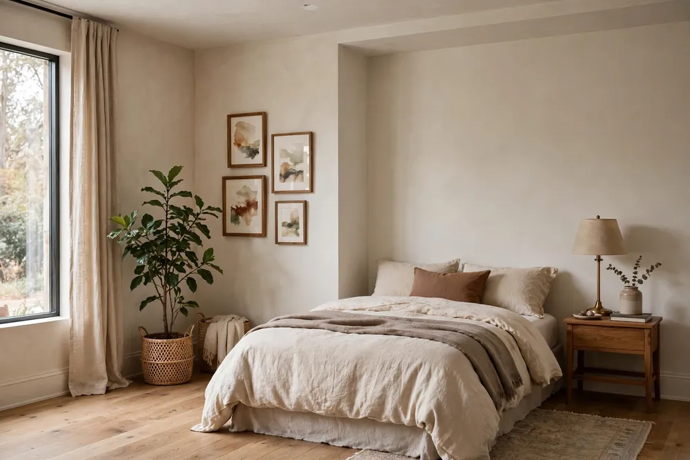 Primary bedroom with a relaxed asymmetrical furniture layout