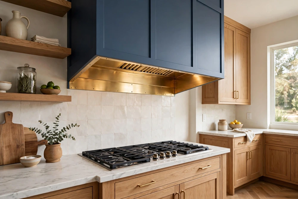 Two tone kitchen range hood with a contrasting underside