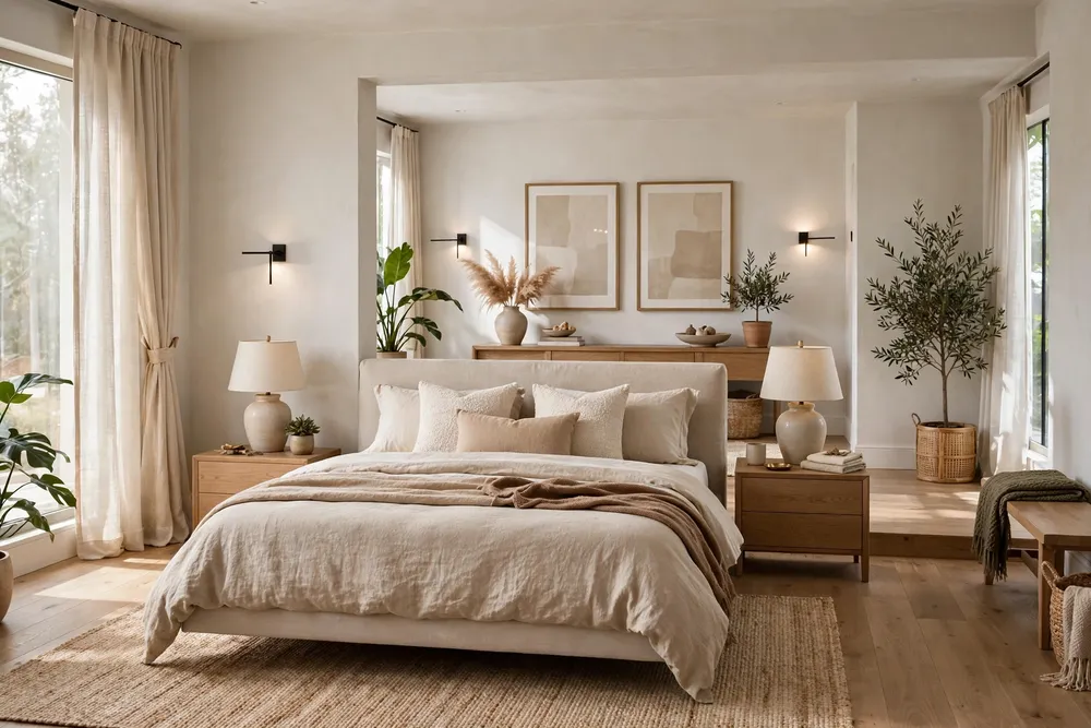 Primary bedroom with the bed floated away from the wall
