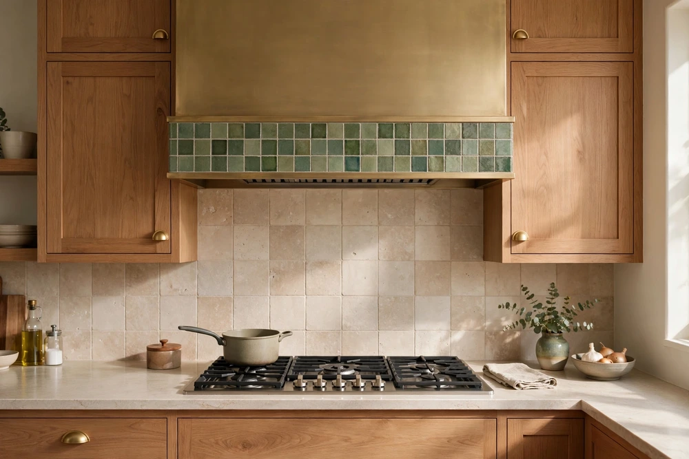 Kitchen range hood with a tiled lower band