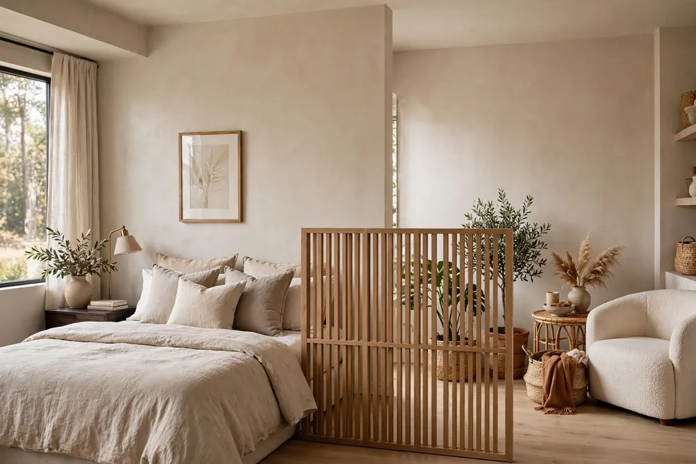 Primary bedroom divided by a stylish partial room divider