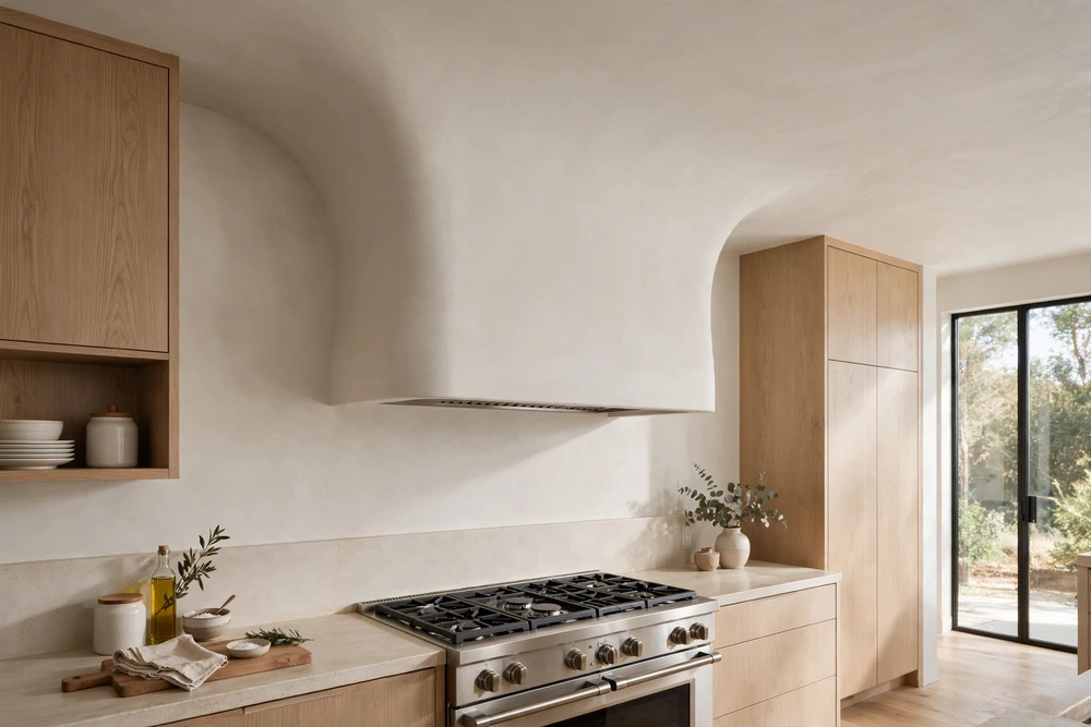Seamless ceiling to kitchen range hood transition with plastered joints