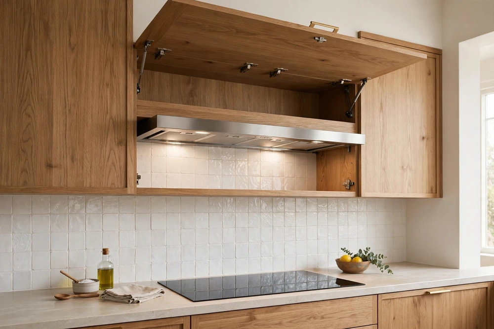 Kitchen range hood hidden behind a lift up cabinet front