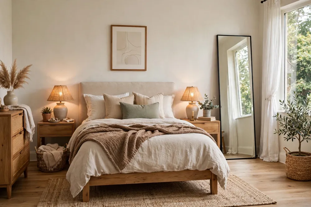 Primary bedroom with a full-length mirror leaning against the wall