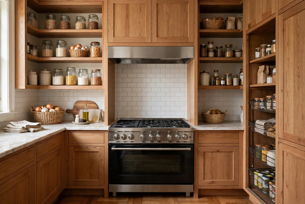 Built in kitchen range hood over a range in a pantry kitchen