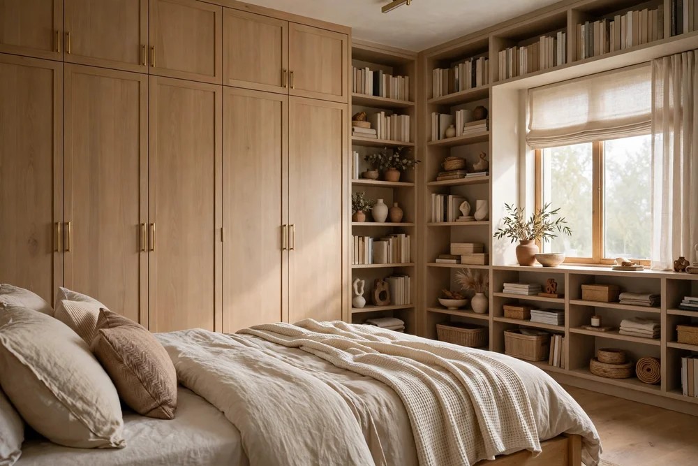 Primary bedroom maximizing vertical space with tall wardrobes and narrow bookcases