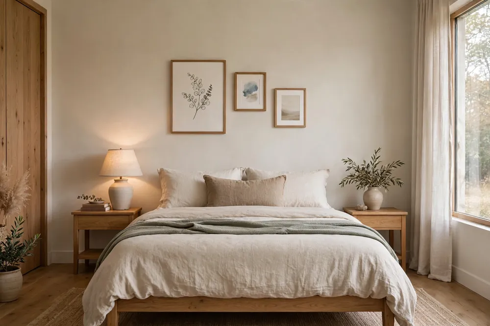 Primary bedroom with a tasteful small gallery wall