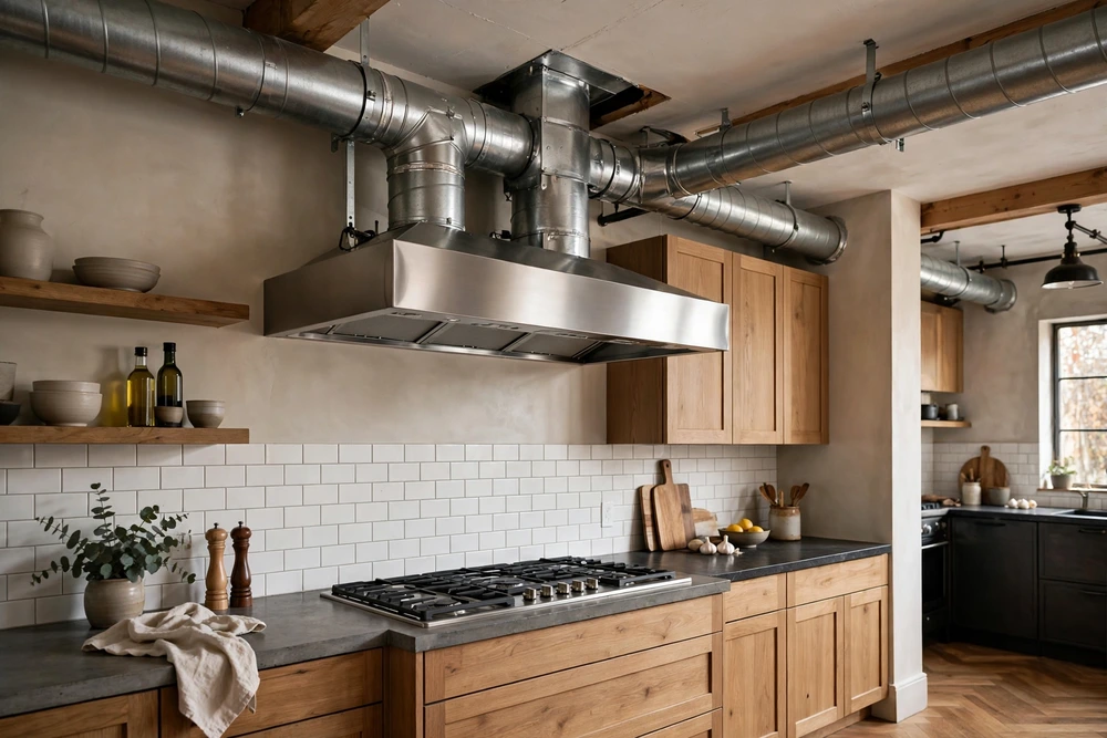 Exposed duct kitchen range hood with visible metal ductwork